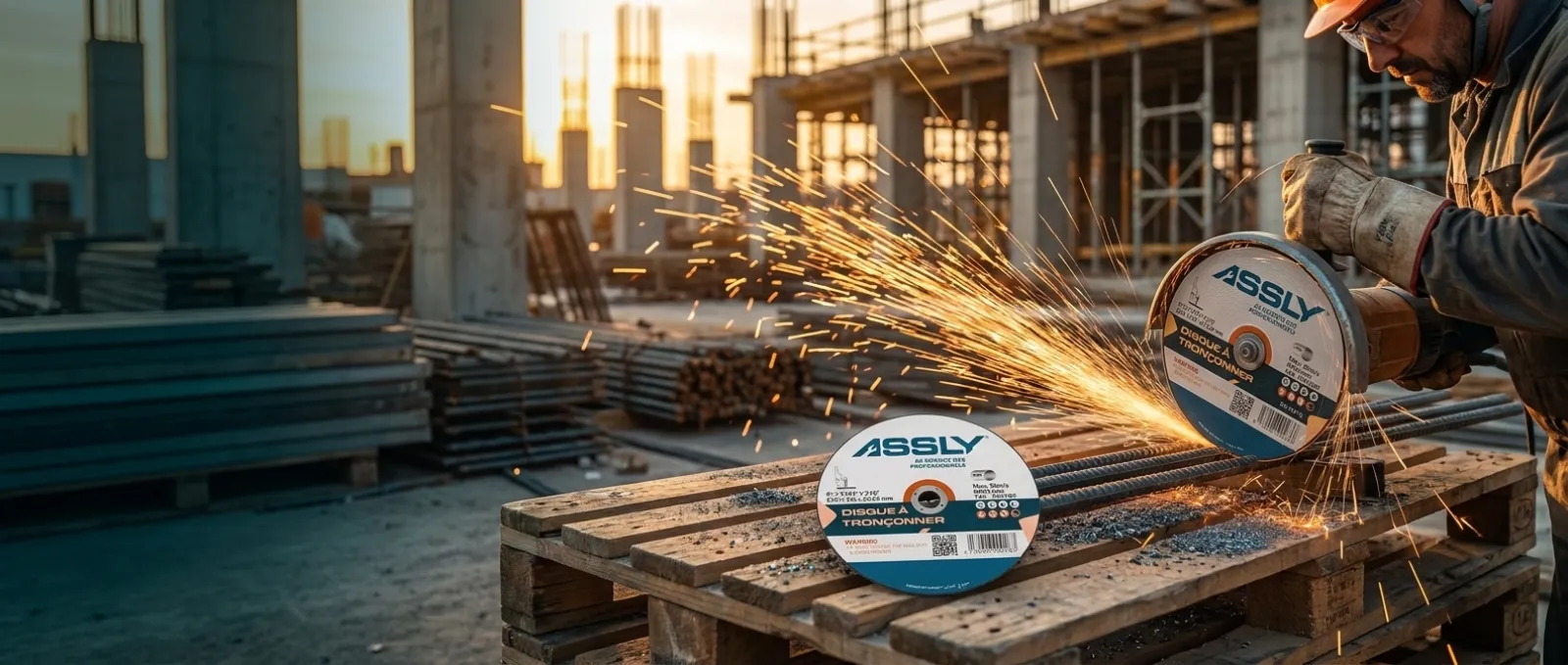 Coupe de fer à béton sur chantier avec un disque ASSLY