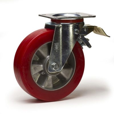 Roue pivot a frein 125 blindee rouge a plaq**