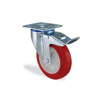 Roue pivot a frein 100 rouge a plaq**