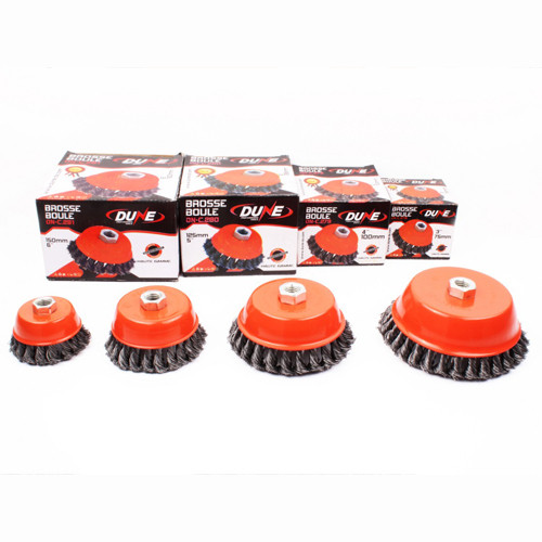 Brosse metal conique pour meuleuse 100/4"" noir à ecrou 14 (C/60PCS) ** DUNE