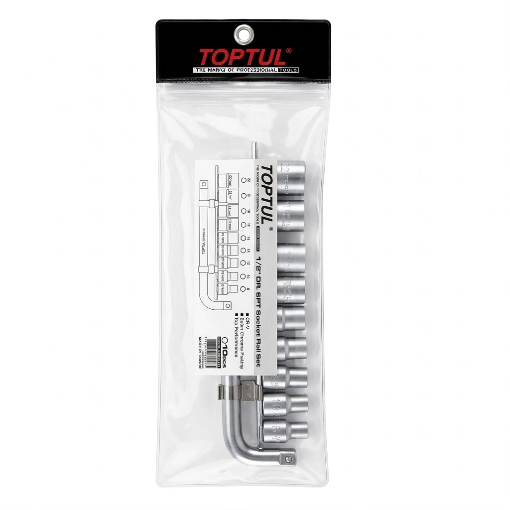 Jeu de douilles chrome 1/2" 10 pcs + bras de force Réf: GAAG 1007 ** TOPTUL