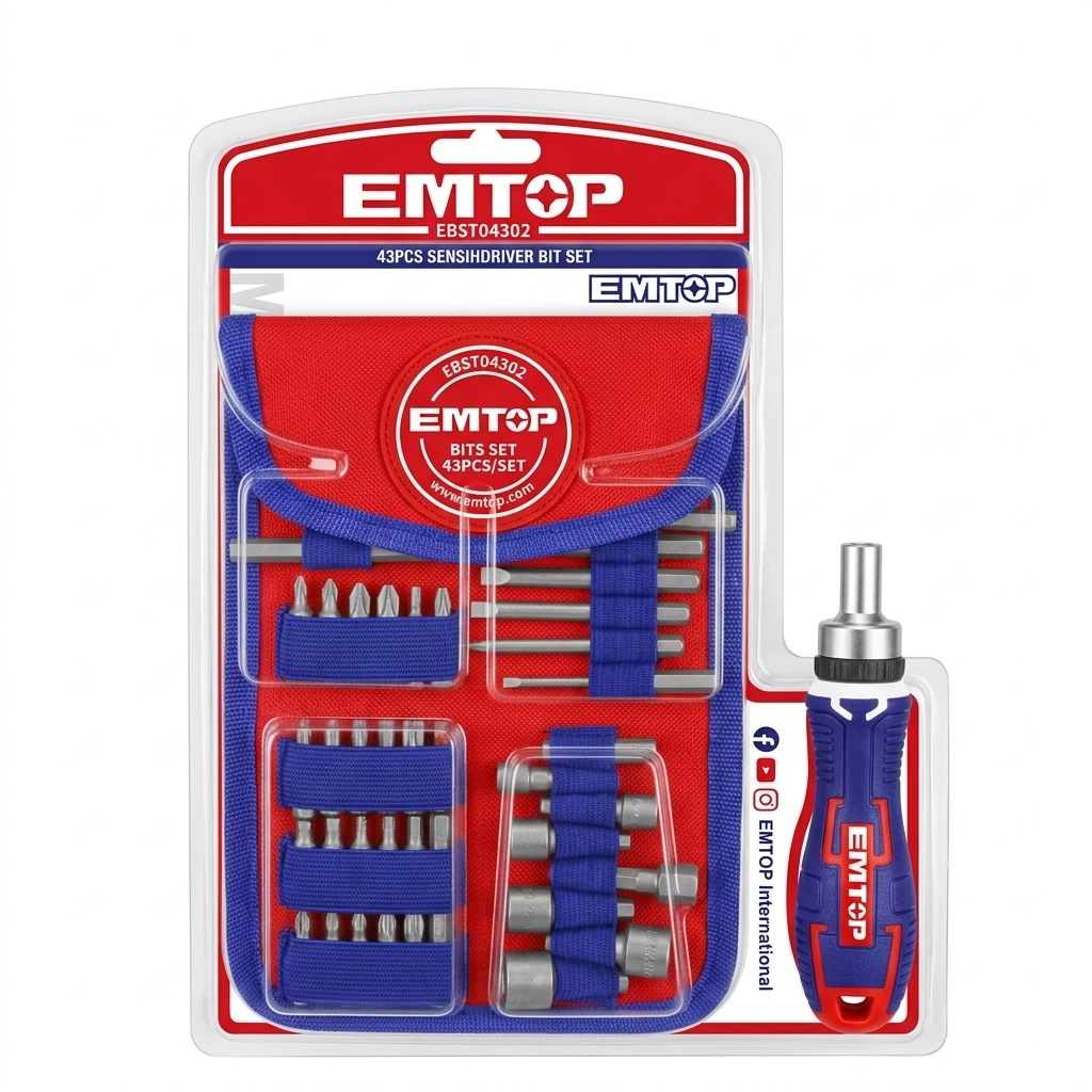 Tournevis a cliquet et jeu d'embouts + douille radio Réf: EBST04302 ** EMTOP