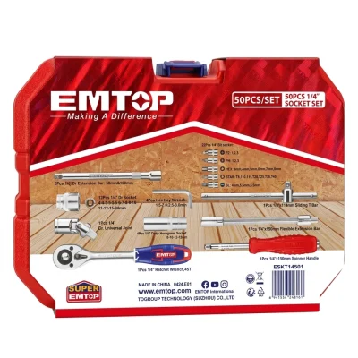 Jeu de douilles+clique+Rallonge+Embouts 1/4" (50 pcs) Réf: ESKT14501 ** EMTOP