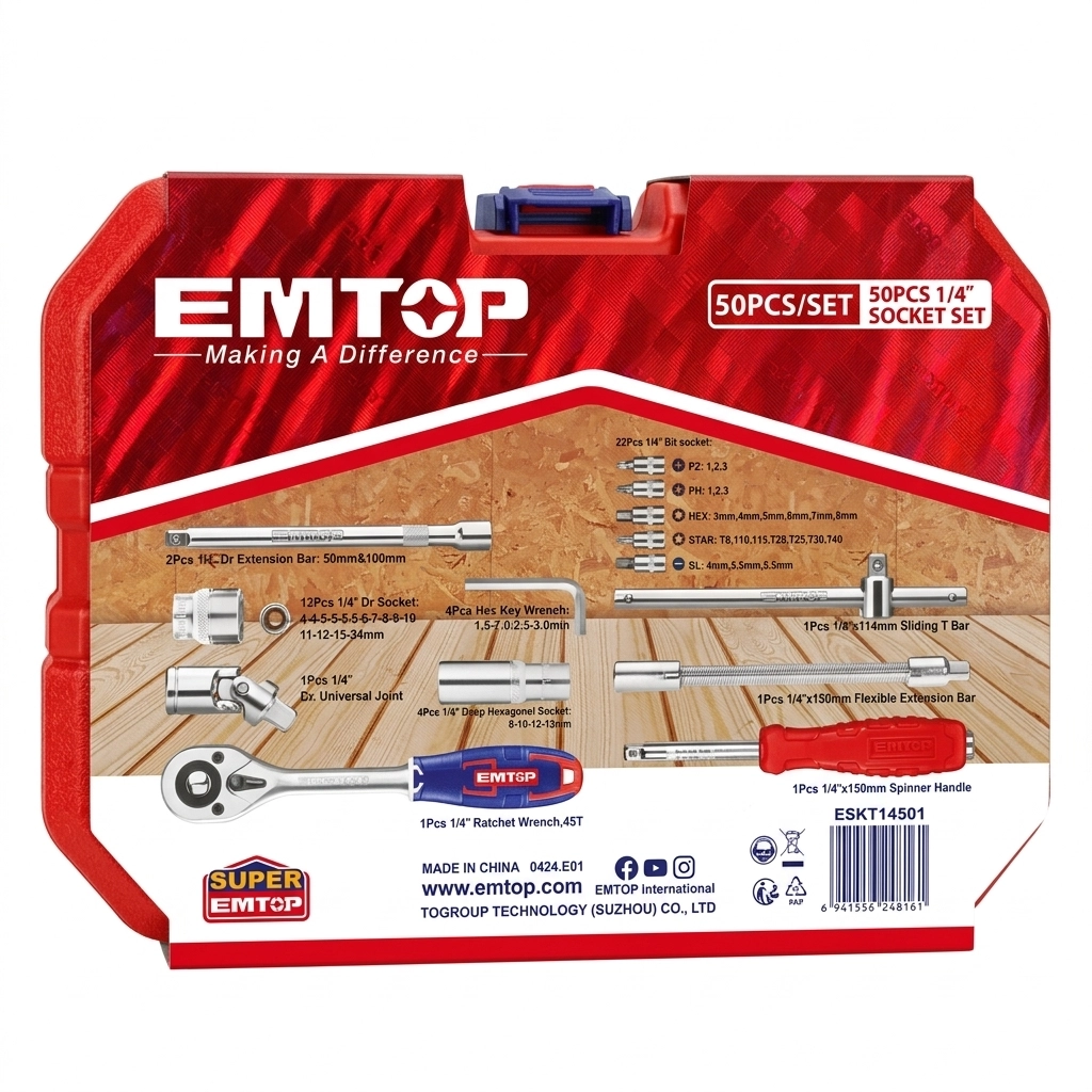Jeu de douilles+clique+Rallonge+Embouts 1/4" (50 pcs) Réf: ESKT14501 ** EMTOP