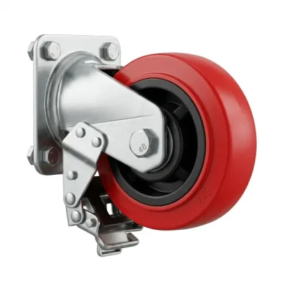 Roue pivot a frein 125 blindee rouge a plaq**